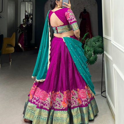 Lorenvalley Fashion Pink Cotton Silk Thread Embroidery Work Lehenga Choli with Dupatta