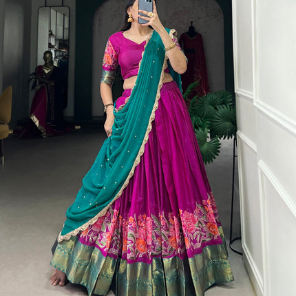 Lorenvalley Fashion Pink Cotton Silk Thread Embroidery Work Lehenga Choli with Dupatta