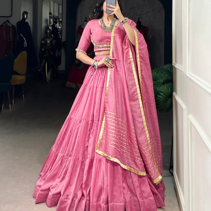 Lorenvalley Pink Pure Chanderi Plain Lehenga Choli Cowrie (Kodi) Lace Touch Up with Dupatta