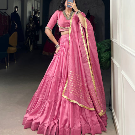 Lorenvalley Pink Pure Chanderi Plain Lehenga Choli Cowrie (Kodi) Lace Touch Up with Dupatta