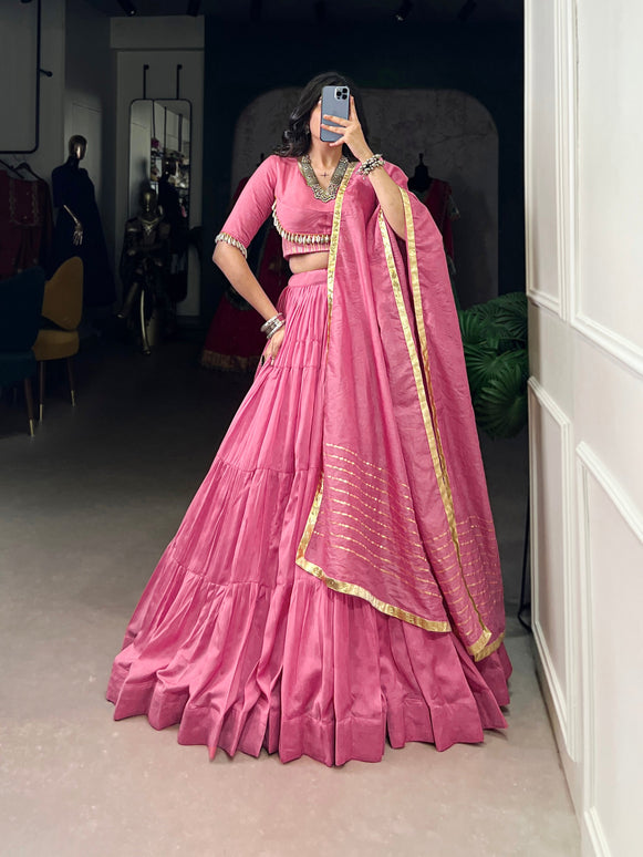 Lorenvalley Pink Pure Chanderi Plain Lehenga Choli Cowrie (Kodi) Lace Touch Up with Dupatta