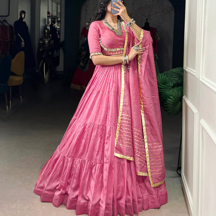 Lorenvalley Pink Pure Chanderi Plain Lehenga Choli Cowrie (Kodi) Lace Touch Up with Dupatta