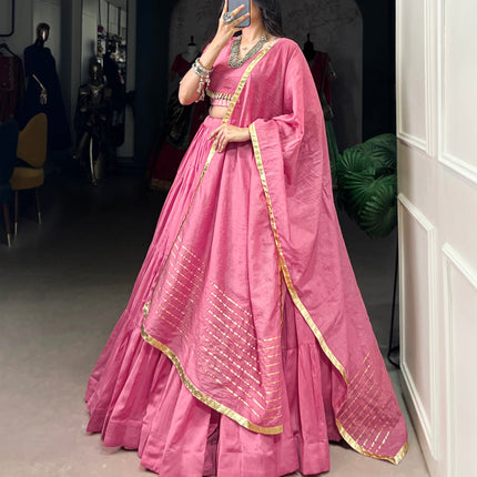 Lorenvalley Pink Pure Chanderi Plain Lehenga Choli Cowrie (Kodi) Lace Touch Up with Dupatta