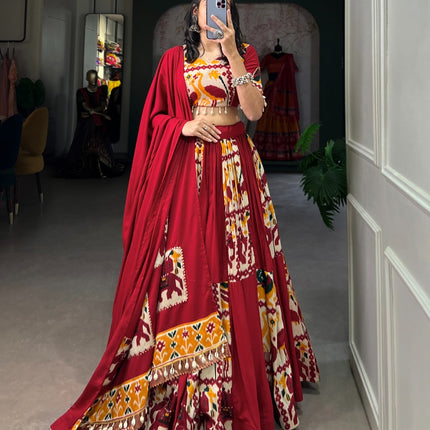 Lorenvalley Fashion Maroon Rayon With Printed Silk Lehenga Choli with Dupatta