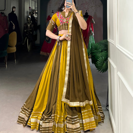 Lorenvalley Mustard Pure Rayon Sequins Lace With Gota Patti Lace Touch Up Lehenga Choli with Dupatta