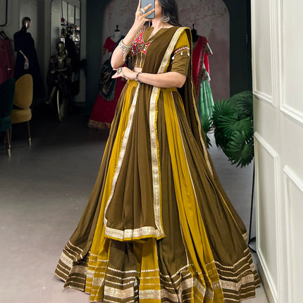 Lorenvalley Mustard Pure Rayon Sequins Lace With Gota Patti Lace Touch Up Lehenga Choli with Dupatta