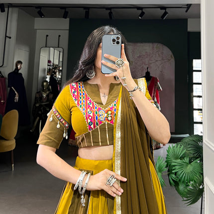 Lorenvalley Mustard Pure Rayon Sequins Lace With Gota Patti Lace Touch Up Lehenga Choli with Dupatta