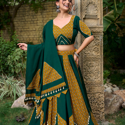 Lorenvalley Green Pure Cotton Plain And Printed With Cowrie (Kodi) Lace Touch Up Lehenga Choli with Dupatta