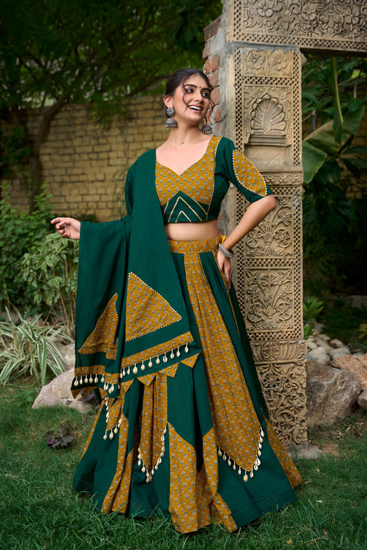Lorenvalley Green Pure Cotton Plain And Printed With Cowrie (Kodi) Lace Touch Up Lehenga Choli with Dupatta