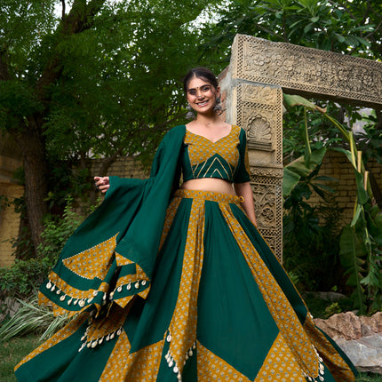 Lorenvalley Green Pure Cotton Plain And Printed With Cowrie (Kodi) Lace Touch Up Lehenga Choli with Dupatta