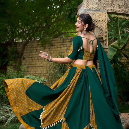 Lorenvalley Green Pure Cotton Plain And Printed With Cowrie (Kodi) Lace Touch Up Lehenga Choli with Dupatta