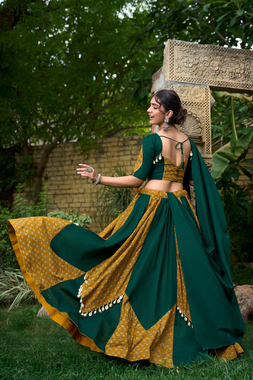 Lorenvalley Green Pure Cotton Plain And Printed With Cowrie (Kodi) Lace Touch Up Lehenga Choli with Dupatta