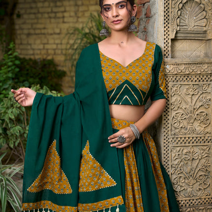Lorenvalley Green Pure Cotton Plain And Printed With Cowrie (Kodi) Lace Touch Up Lehenga Choli with Dupatta
