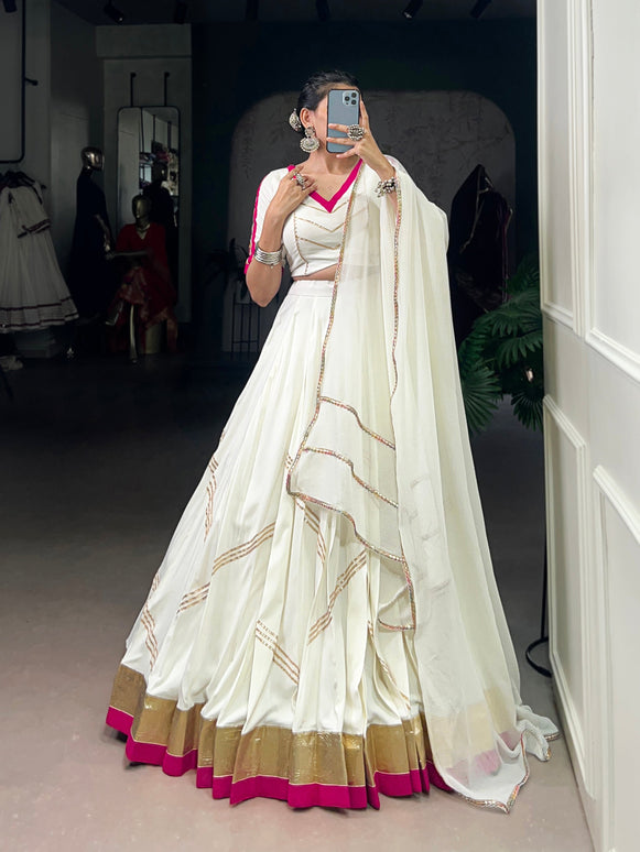 Lorenvalley Fashion White Pure Rayon Embossed Design With Gota Patti Lace Touch Up Lehenga Choli with Dupatta