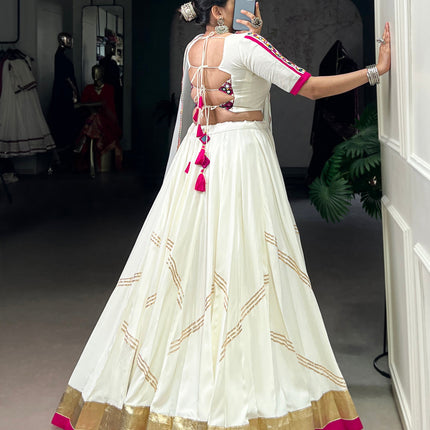 Lorenvalley Fashion White Pure Rayon Embossed Design With Gota Patti Lace Touch Up Lehenga Choli with Dupatta