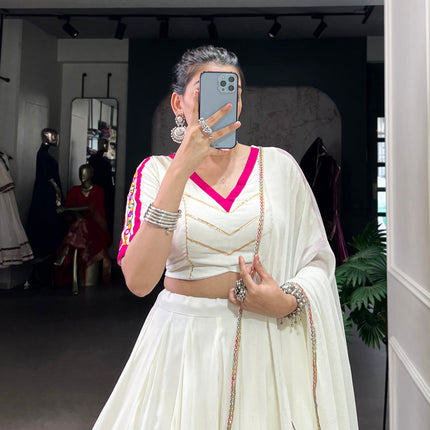 Lorenvalley Fashion White Pure Rayon Embossed Design With Gota Patti Lace Touch Up Lehenga Choli with Dupatta