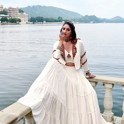 Lorenvalley Fashion White Pure Rayon Plain Frill Lehenga Choli with Koti