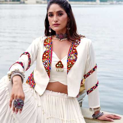 Lorenvalley Fashion White Pure Rayon Plain Frill Lehenga Choli with Koti