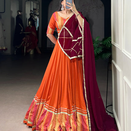 Lorenvalley Fashion Orange Pure Rayon Bandhej Print with Sequins Lace Boarder Lehenga Choli with Dupatta