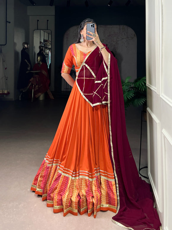 Lorenvalley Fashion Orange Pure Rayon Bandhej Print with Sequins Lace Boarder Lehenga Choli with Dupatta