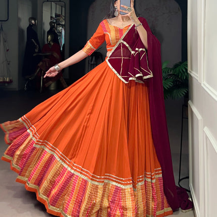 Lorenvalley Fashion Orange Pure Rayon Bandhej Print with Sequins Lace Boarder Lehenga Choli with Dupatta