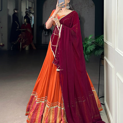 Lorenvalley Fashion Orange Pure Rayon Bandhej Print with Sequins Lace Boarder Lehenga Choli with Dupatta