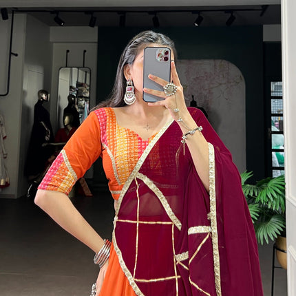 Lorenvalley Fashion Orange Pure Rayon Bandhej Print with Sequins Lace Boarder Lehenga Choli with Dupatta