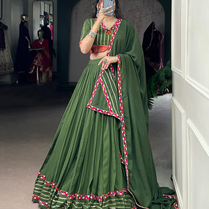 Lorenvalley Fashion Mahendi Pure Rayon Original Mirror Gamthi Work With Gotta Patti Lace Touch Up Lehenga Choli with Dupatta
