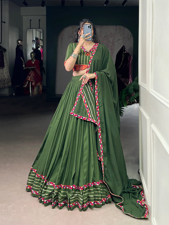 Lorenvalley Fashion Mahendi Pure Rayon Original Mirror Gamthi Work With Gotta Patti Lace Touch Up Lehenga Choli with Dupatta