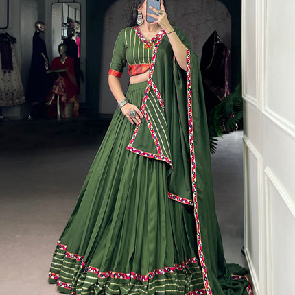 Lorenvalley Fashion Mahendi Pure Rayon Original Mirror Gamthi Work With Gotta Patti Lace Touch Up Lehenga Choli with Dupatta