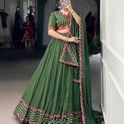 Lorenvalley Fashion Mahendi Pure Rayon Original Mirror Gamthi Work With Gotta Patti Lace Touch Up Lehenga Choli with Dupatta