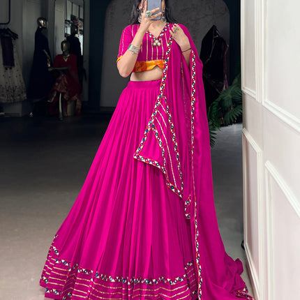 Lorenvalley Fashion Pink Pure Rayon Original Mirror Gamthi Work With Gotta Patti Lace Touch Up Lehenga Choli with Dupatta
