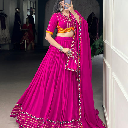 Lorenvalley Fashion Pink Pure Rayon Original Mirror Gamthi Work With Gotta Patti Lace Touch Up Lehenga Choli with Dupatta