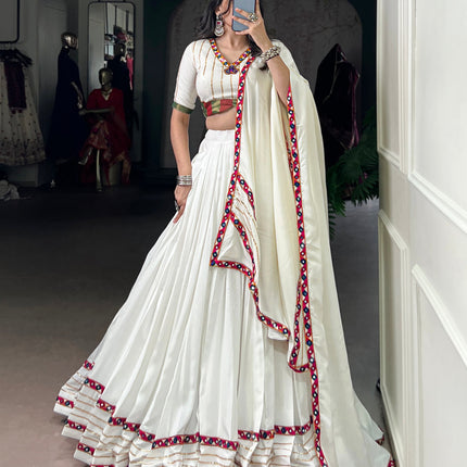 Lorenvalley Fashion White Pure Rayon Original Mirror Gamthi Work With Gotta Patti Lace Touch Up Lehenga Choli with Dupatta