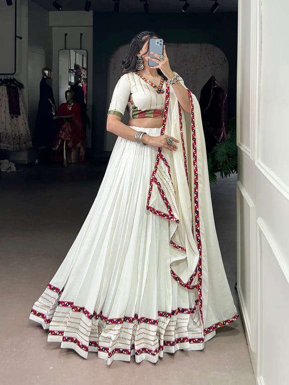 Lorenvalley Fashion White Pure Rayon Original Mirror Gamthi Work With Gotta Patti Lace Touch Up Lehenga Choli with Dupatta