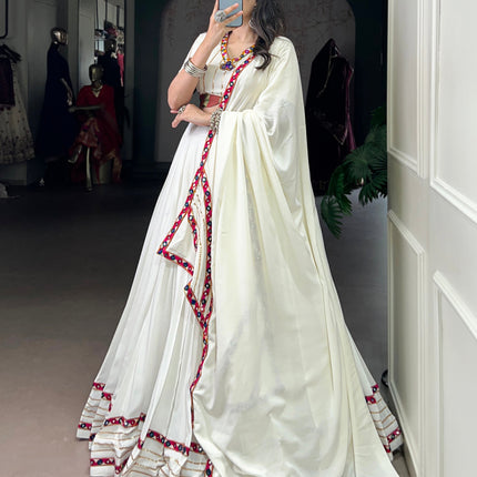 Lorenvalley Fashion White Pure Rayon Original Mirror Gamthi Work With Gotta Patti Lace Touch Up Lehenga Choli with Dupatta