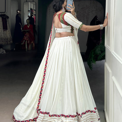 Lorenvalley Fashion White Pure Rayon Original Mirror Gamthi Work With Gotta Patti Lace Touch Up Lehenga Choli with Dupatta