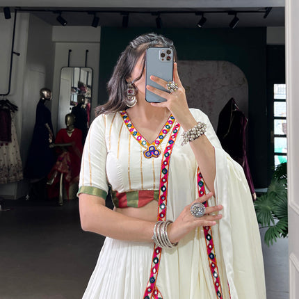 Lorenvalley Fashion White Pure Rayon Original Mirror Gamthi Work With Gotta Patti Lace Touch Up Lehenga Choli with Dupatta