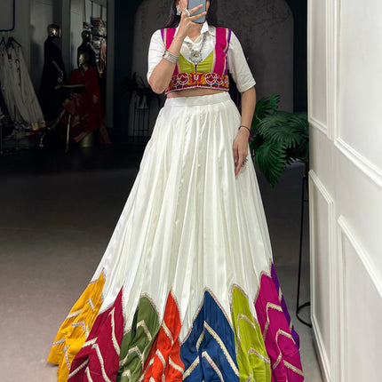 Lorenvalley Fashion White Rayon Multi Colour Patch With Lace Touch Up Lehenga Choli with Koti