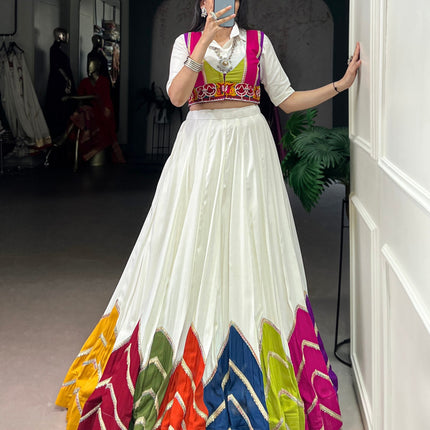 Lorenvalley Fashion White Rayon Multi Colour Patch With Lace Touch Up Lehenga Choli with Koti