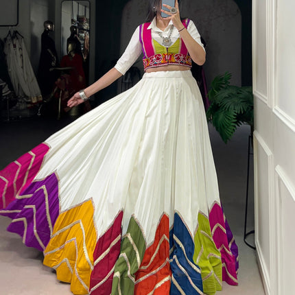 Lorenvalley Fashion White Rayon Multi Colour Patch With Lace Touch Up Lehenga Choli with Koti