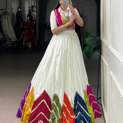 Lorenvalley Fashion White Rayon Multi Colour Patch With Lace Touch Up Lehenga Choli with Koti
