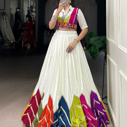 Lorenvalley Fashion White Rayon Multi Colour Patch With Lace Touch Up Lehenga Choli with Koti