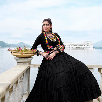 Lorenvalley Fashion Black Pure Rayon Plain Frill Lehenga Choli with Koti