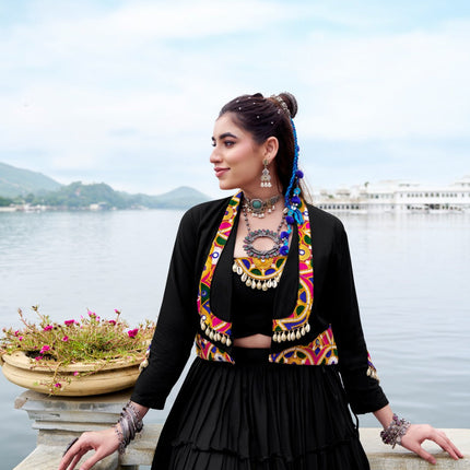 Lorenvalley Fashion Black Pure Rayon Plain Frill Lehenga Choli with Koti