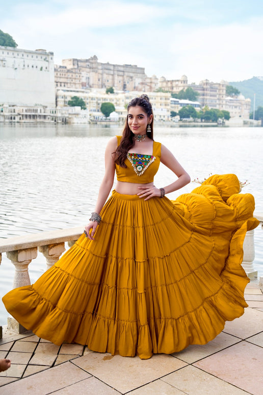 Lorenvalley Fashion Mustard Pure Rayon Plain Frill Lehenga Choli with Koti