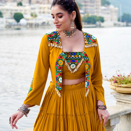 Lorenvalley Fashion Mustard Pure Rayon Plain Frill Lehenga Choli with Koti