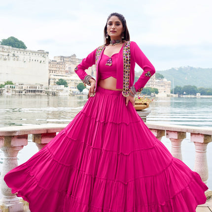 Lorenvalley Fashion Pink Pure Rayon Plain Frill Lehenga Choli with Koti