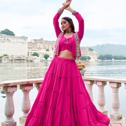 Lorenvalley Fashion Pink Pure Rayon Plain Frill Lehenga Choli with Koti