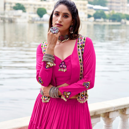 Lorenvalley Fashion Pink Pure Rayon Plain Frill Lehenga Choli with Koti